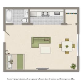 penn view studio apartment floor plan rendering