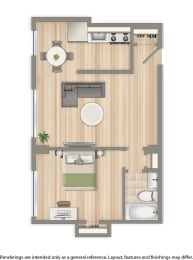 sherry hall one bedroom apartment floor plan rendering