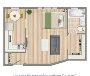 A floor plan of a room with a kitchen, living room, and bathroom.