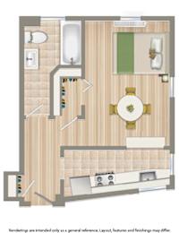 A floor plan of a room with a kitchen, living room, and bathroom.