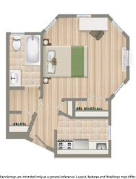 A drawing of a house layout with a kitchen, living room, and bathroom.