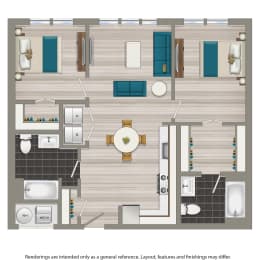 a floor plan of a room with furniture and a clock