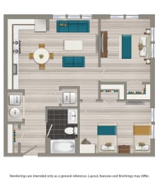 two bedroom floor plan rendering at terrace manor apartments in washington dc