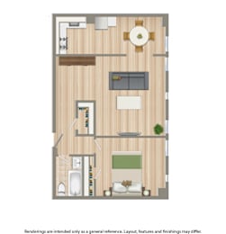A floor plan of a room with a dining table, couch, and kitchen area.