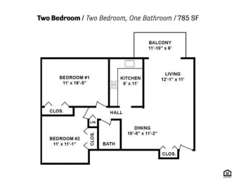 a floor plan with two bedrooms and one bathroom