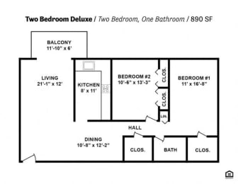 the floor plan for two bedroom with one bathroom