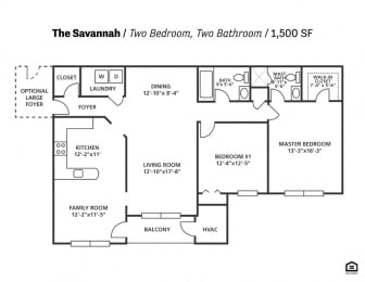 2 bed 2 bath Savannah FloorPlan at Cascades Overlook Apts., Maryland