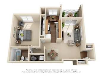 A 3D floor plan of a house with a kitchen, living room, and two bedrooms.