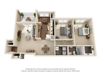 A 3D floor plan of a house with a living room, kitchen, and two bedrooms.