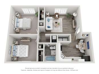 A 3D floor plan of a small apartment with two bedrooms, a living room, and a kitchen.