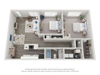 A 3D floor plan of a house with two bedrooms, a living room, a kitchen, and a bathroom.