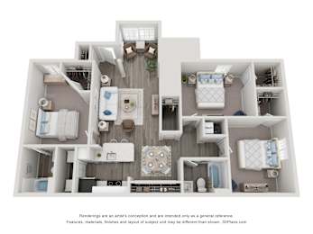 A 3D floor plan of a house with a kitchen, living room, and two bedrooms.