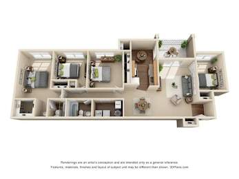 A 3D floor plan of a house with a kitchen, living room, and bedrooms.