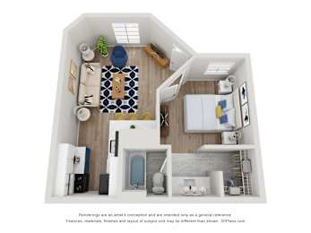 A 3D floor plan of a small apartment with a kitchen, living room, and bathroom.