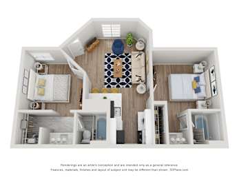 A 3D rendering of a modern house layout with a kitchen, living room, and two bedrooms.