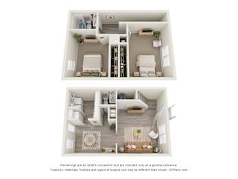 2 bedroom floor plan | 950 Sq. Ft. at Bradford Gwinnett Townhomes, Norcross, GA 30071