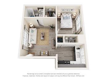 A top down view of a small apartment with a kitchen, living room, and bedroom.