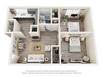A 3D floor plan of a small apartment with a kitchen, living room, bedroom, and bathroom.