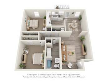 A 3D floor plan of a house with a kitchen, living room, and bathroom.