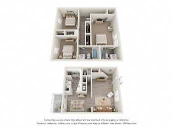 A 3D floor plan of a two-story residential building.