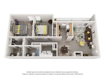 A 3D floor plan of a house with a kitchen, living room, and two bedrooms.
