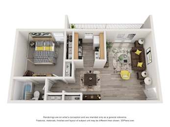 A 3D floor plan of a small apartment with a kitchen, living room, and bathroom.