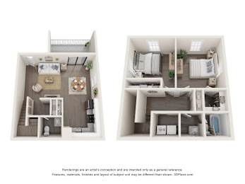 Two images of a dollhouse interior with a kitchen and living room.
