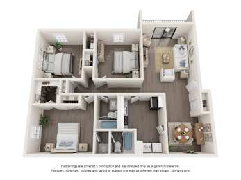 A 3D floor plan of a house with a kitchen, living room, and bedrooms.