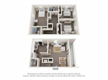 A floor plan of a two-story apartment with a living room, kitchen, and bedrooms.