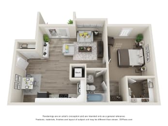 1 Bedroom Floor Plan | 693 Sq. Ft. at Woodbriar Management, LLC, Tucker, GA, 30084