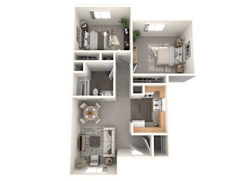 A 3D floor plan of an apartment with a kitchen, living room, and two bedrooms.