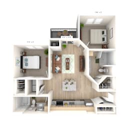 a 3d rendering of a 1 bedroom floor plan with a bathroom and a living room
