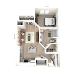 a stylized floor plan with a bedroom and a living room