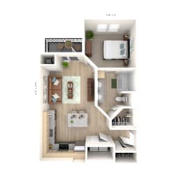 a stylized floor plan of a one bedroom apartment