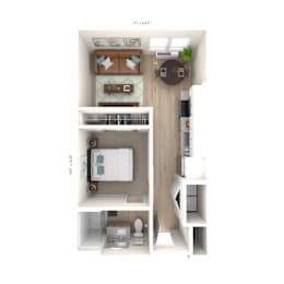 a stylized floor plan with a bedroom and a living room