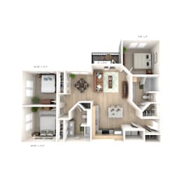 a 3d rendering with three bedrooms and a living room