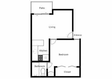 A floor plan of a house with a patio, living room, kitchen, bathroom, bedroom and closet.