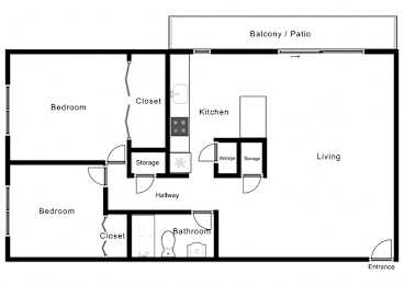 A floor plan of a home with a kitchen, two bedrooms, a bathroom, and storage areas.