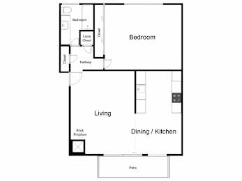 A floor plan of a house with a living room, dining/kitchen area, bedroom, and bathroom.