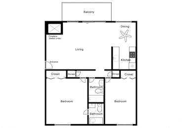 A floor plan of a house with a balcony, two bedrooms, a bathroom, a living room, a kitchen, and storage.