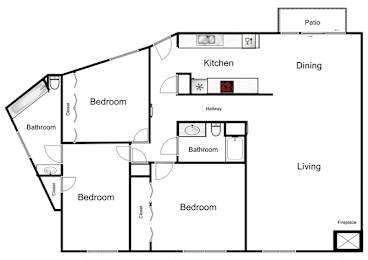 A floor plan of a house with a kitchen, dining area, and four bedrooms.