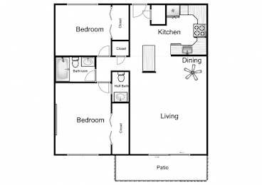 A floor plan of a living space with a kitchen, dining area, and two bedrooms.