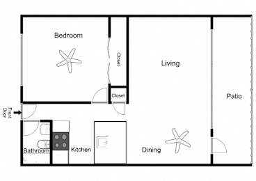 A floor plan of a home with a bedroom, living room, kitchen, bathroom, and dining area.
