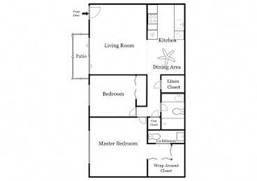 A floor plan of a home with a living room, kitchen, dining area, and two bedrooms.