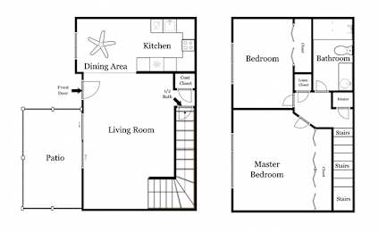 A floor plan of a house with a kitchen, dining area, living room, and bathroom.