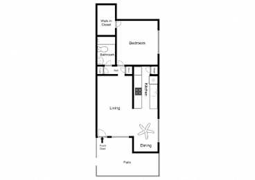 A floor plan of a house with a living room, dining room, kitchen, bedroom, bathroom and patio.