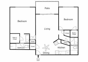 A floor plan of a house with a living room, two bedrooms, a kitchen, a bathroom, a dining area, and a patio.