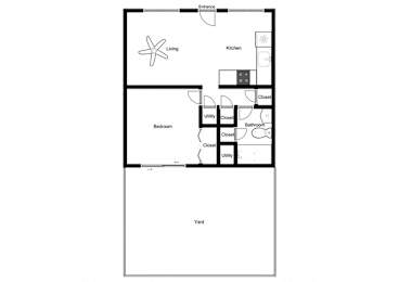 A floor plan of a house with a living room, kitchen, bedroom, and yard.