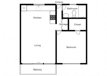 A floor plan of a small apartment with a living room, kitchen, bedroom, bathroom, storage, and closet.