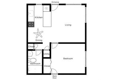 A floor plan of a small apartment with a kitchen, dining area, bathroom, bedroom, and living room.